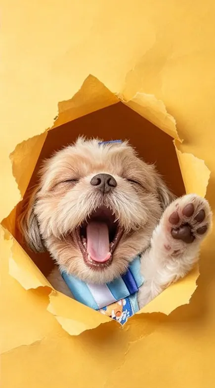 Shih-tzu claro dando a patinha, saindo de um papel amarelo rasgado