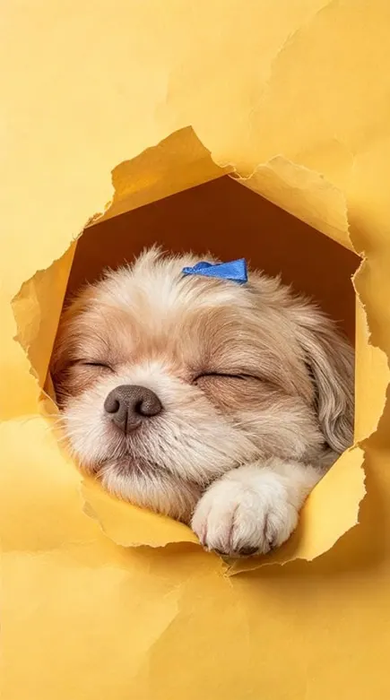 Shih-tzu claro de olhos fechados, deitado no papel amarelo rasgado
