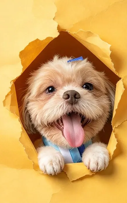Shih-tzu claro com a língua de fora, saindo de um papel amarelo rasgado