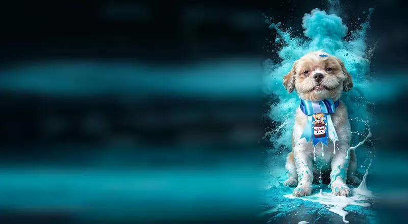 Shih-tzu claro com laço azul sentado, no meio de uma nuvem de pó turquesa