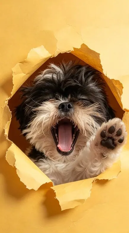 Shih-tzu preto e branco dando a patinha, saindo de um papel amarelo rasgado