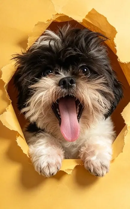 Shih-tzu preto e branco com a língua de fora, saindo de um papel amarelo rasgado