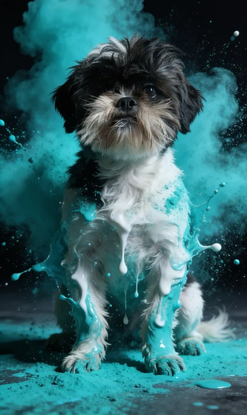 Shih-tzu preto e branco sentado, com pó turquesa em volta
